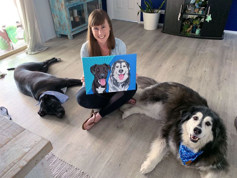 Jess visits dog Raven and Oscar to deliver their pop art portrait.