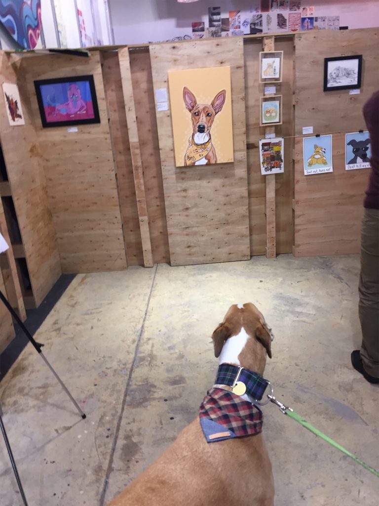 Greyhound looking around at Snoots the Exhibition | Pop Art Puppy Dogs
