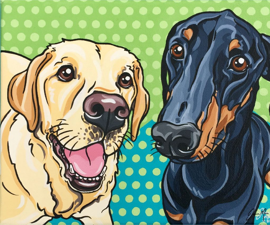 Bud the Doberman and Macgyver the Labrador Hand Painted Pet Portrait | Pop Art Puppy Dogs