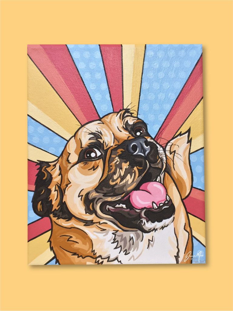Mia the Pugalier Hand Painted Pet Portrait | Pop Art Puppy Dogs