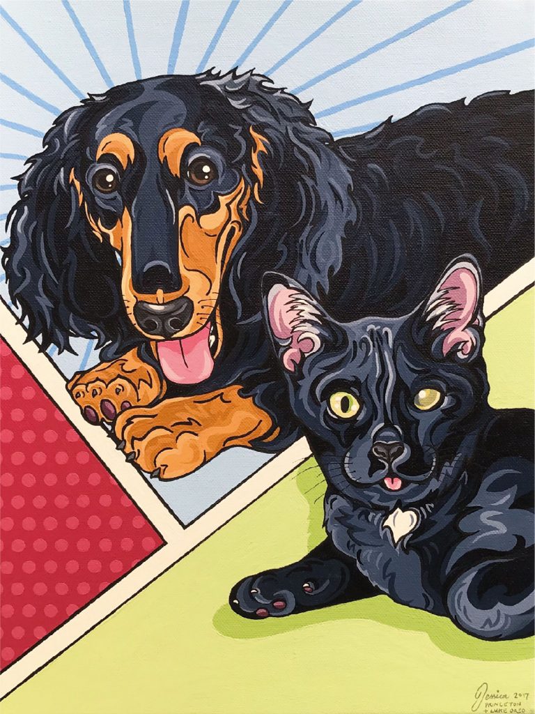 Princeton the Dachshund and Luke Oreo the Cat Pet Portrait | Pop Art Puppy Dogs