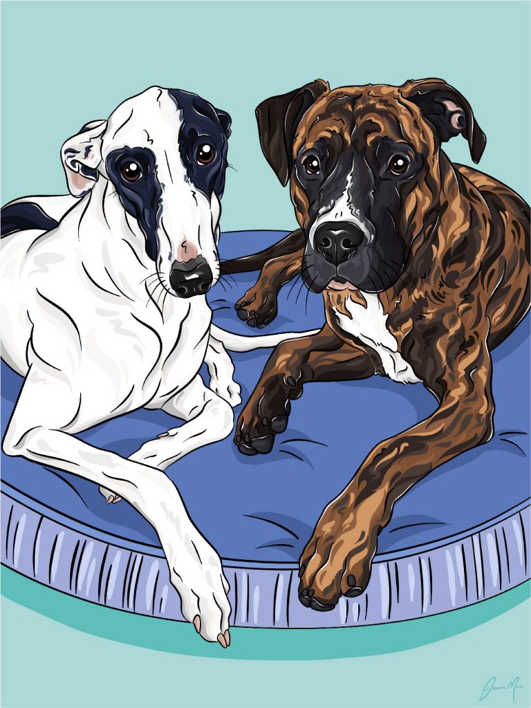 Molly the Greyhound and Otis the Great Dane Mastiff Canvas Print Pet Portrait | Pop Art Puppy Dogs