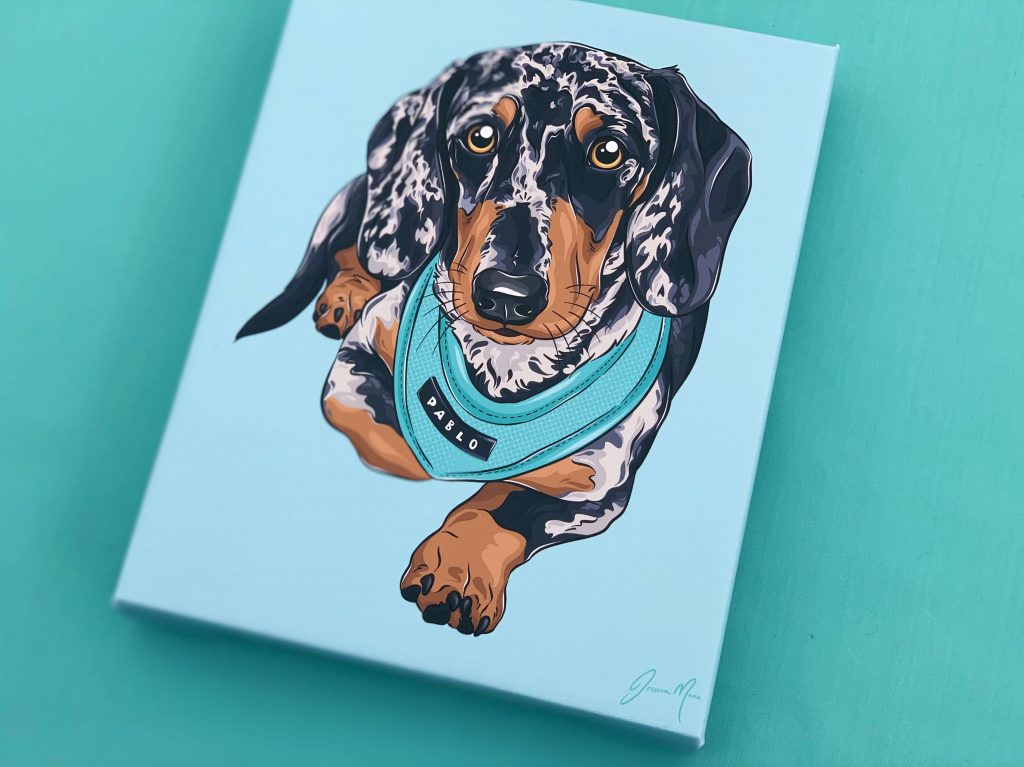 Pablo the Merle Dachshund Dog Illustration Canvas Print Pet Portrait | Pop Art Puppy Dogs