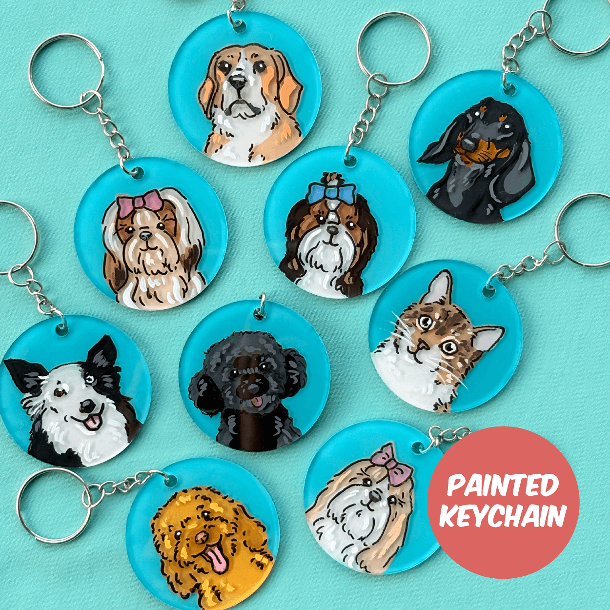Custom Pet Portrait Keychain | Pop Art Puppy Dogs Custom Pet Portrait Keychain | Pop Art Puppy Dogs
