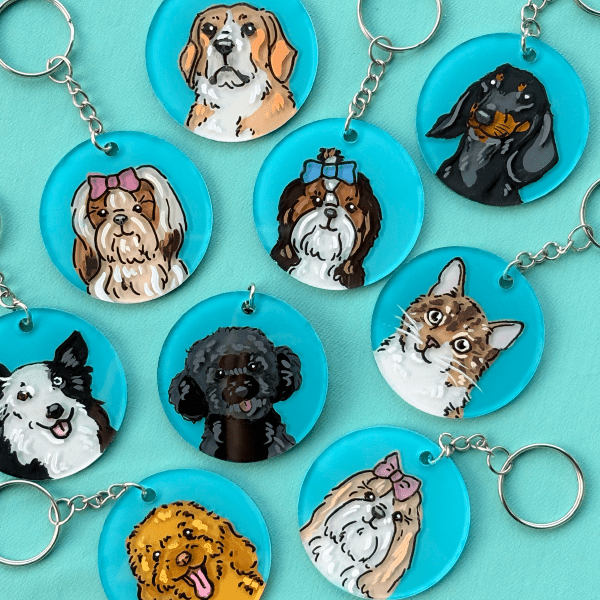 Hand Painted Keychain | Pop Art Puppy Dogs
